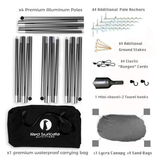 Red Suricata Family Beach Parasol - Sun Shade Canopy | UPF 50 UV Protection | Tent with 4 Aluminium Poles, 4 Pole Anchors, 4 Sandbag Anchors | Large & Portable Shelter Tarp