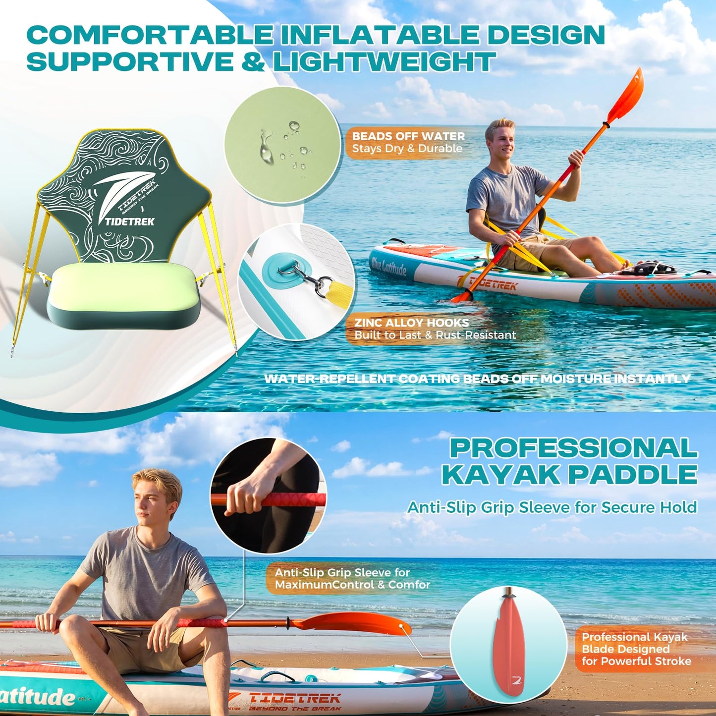 TIDETREK Inflatable Touring Kayak with Waterproof Seat & Premium Accessories, 11'3" x 35" x 8" Ultra-Stable SUP Kayak Hybrid, Non-Slip Comfort Deck for Adults & Youth
