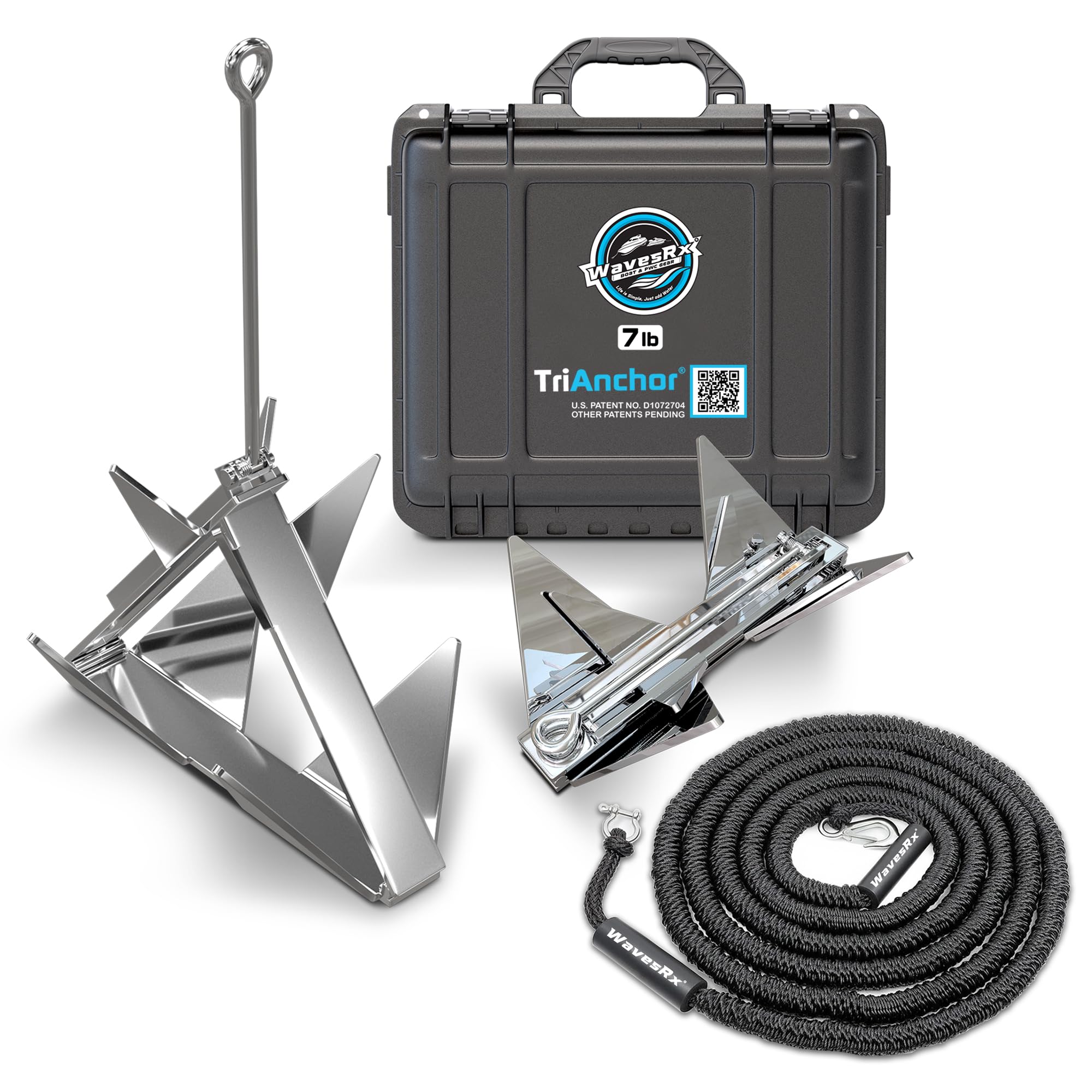 WAVESRX TriAnchor - Stainless Steel Folding PWC & Boat Anchor | Sets Instantly for Effortless Boat & Jet Ski Anchoring | Compact Patent-Pending Design Grips Better Than Plow, Fluke or Box Anchor