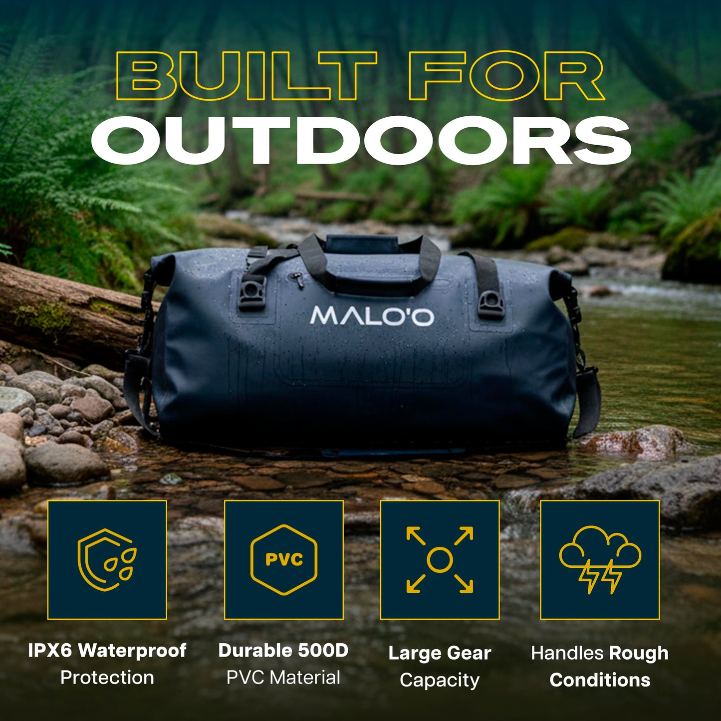 Malo’o Waterproof Dry Duffel, Heavy-Duty Roll Top Waterproof Gear Bag with Shoulder Straps & Molle Loops, Marine Duffel for Kayaking, Boating, Camping, Beach & Travel