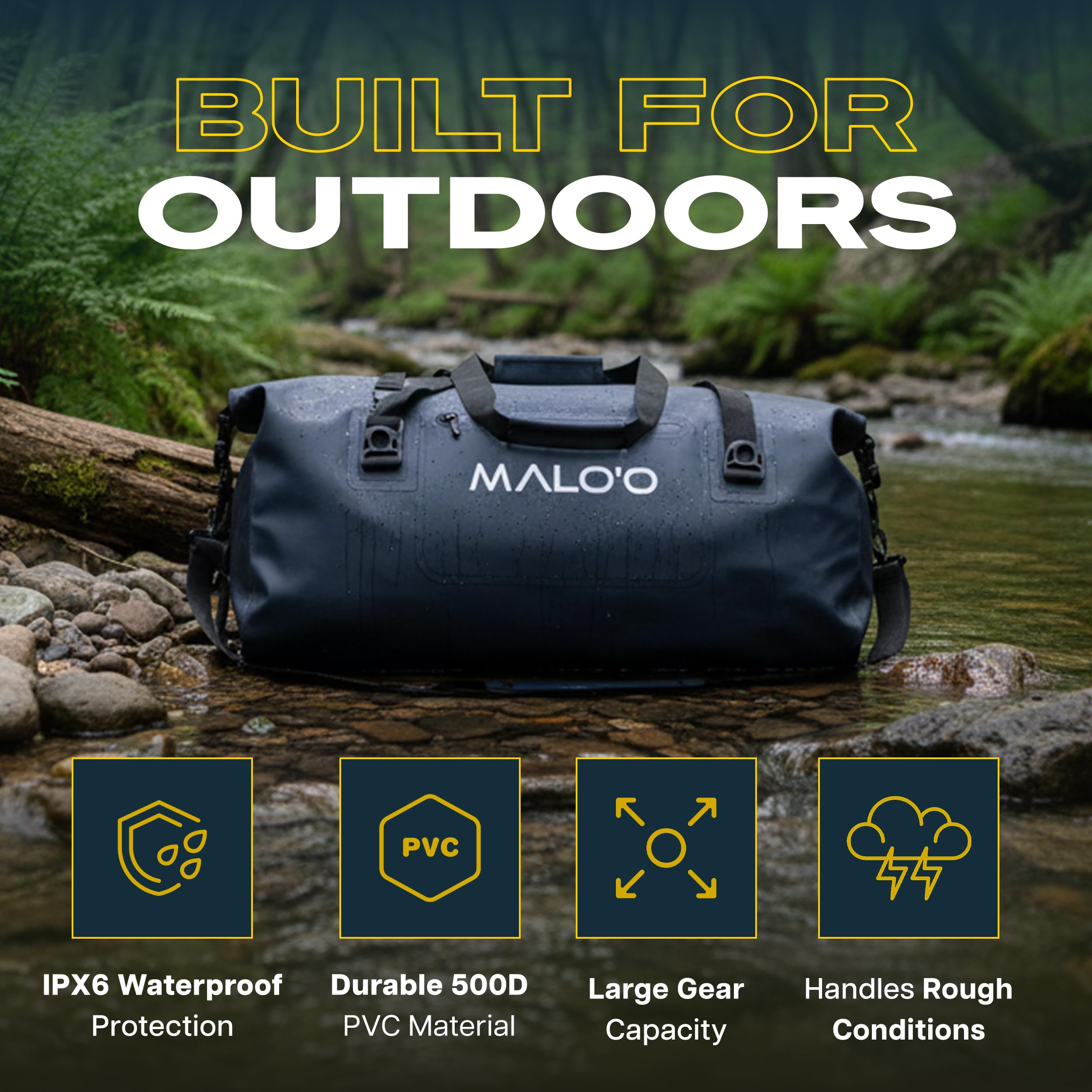 Malo’o Waterproof Dry Duffel, Heavy-Duty Roll Top Waterproof Gear Bag with Shoulder Straps & Molle Loops, Marine Duffel for Kayaking, Boating, Camping, Beach & Travel