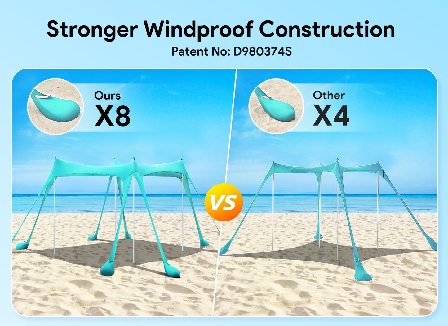 Osoeri Beach Tent, Camping Sun Shelter UPF50+ with 8 Sandbags, Sand Shovels, Ground Pegs & Stability Poles, Outdoor Shade Beach Canopy for Camping Trips, Fishing, Backyard Fun or Picnics