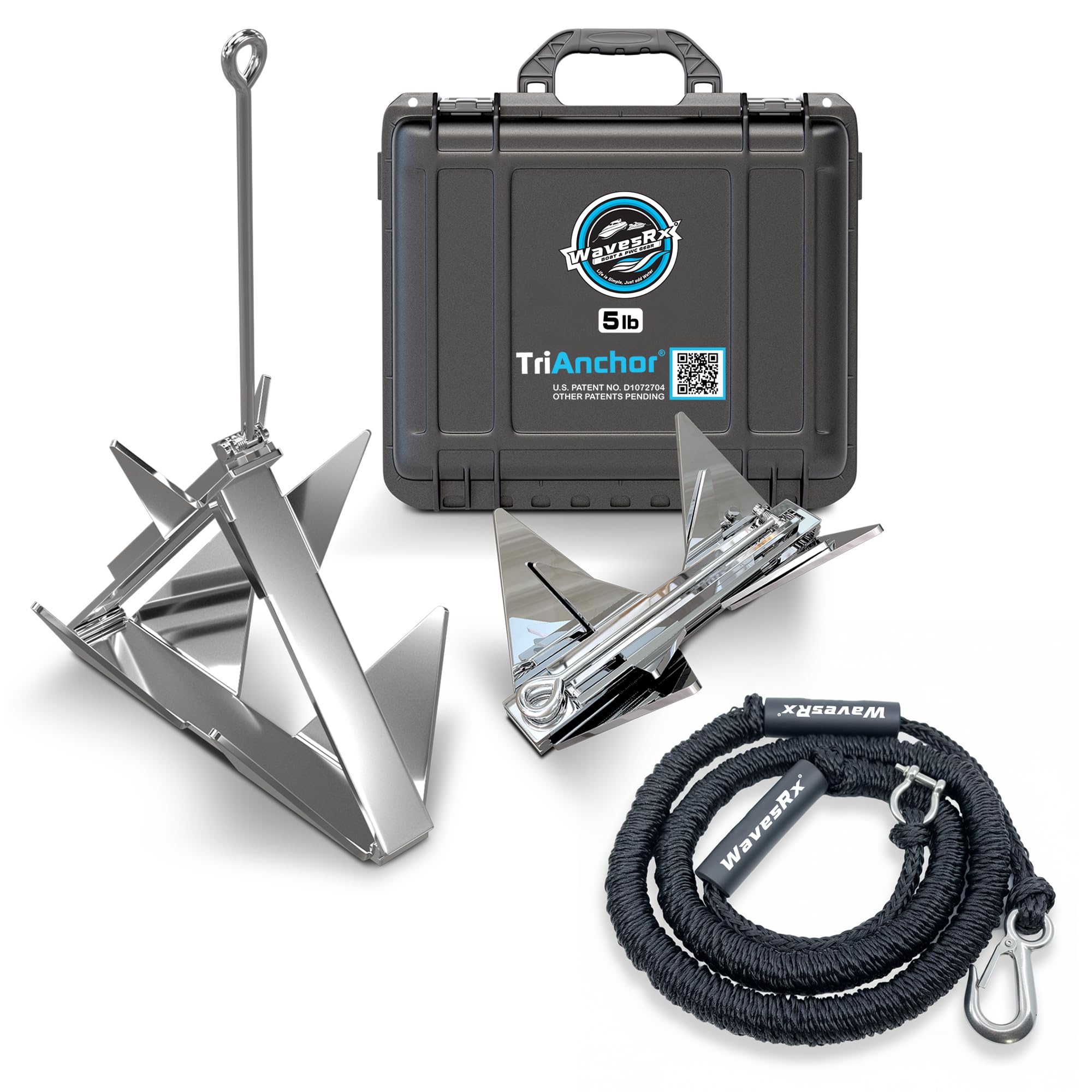 WAVESRX TriAnchor - Stainless Steel Folding PWC & Boat Anchor | Sets Instantly for Effortless Boat & Jet Ski Anchoring | Compact Patent-Pending Design Grips Better Than Plow, Fluke or Box Anchor