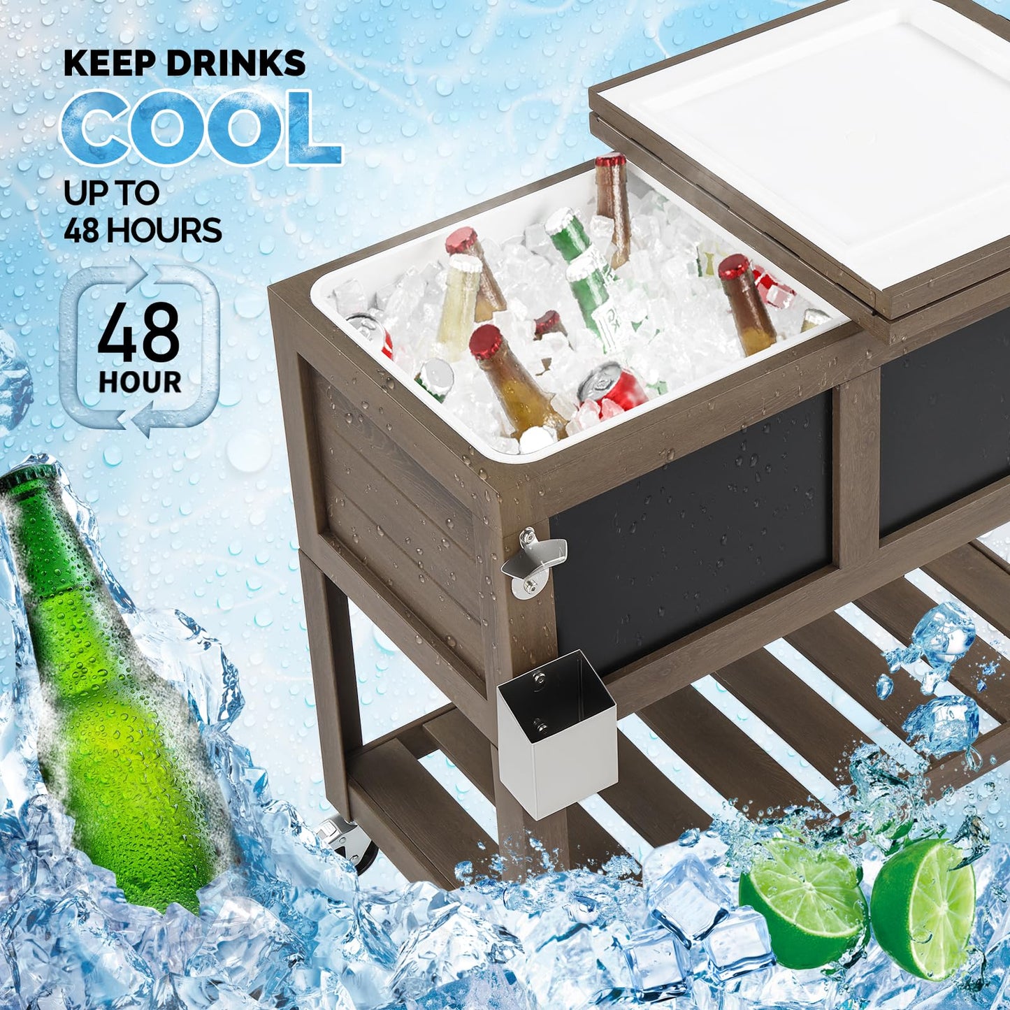 VINGLI Patio Cooler, Ice Chest with Blackboard, Bottle Opener Drainage, Outdoor Cooler for Party, Deck, Pool