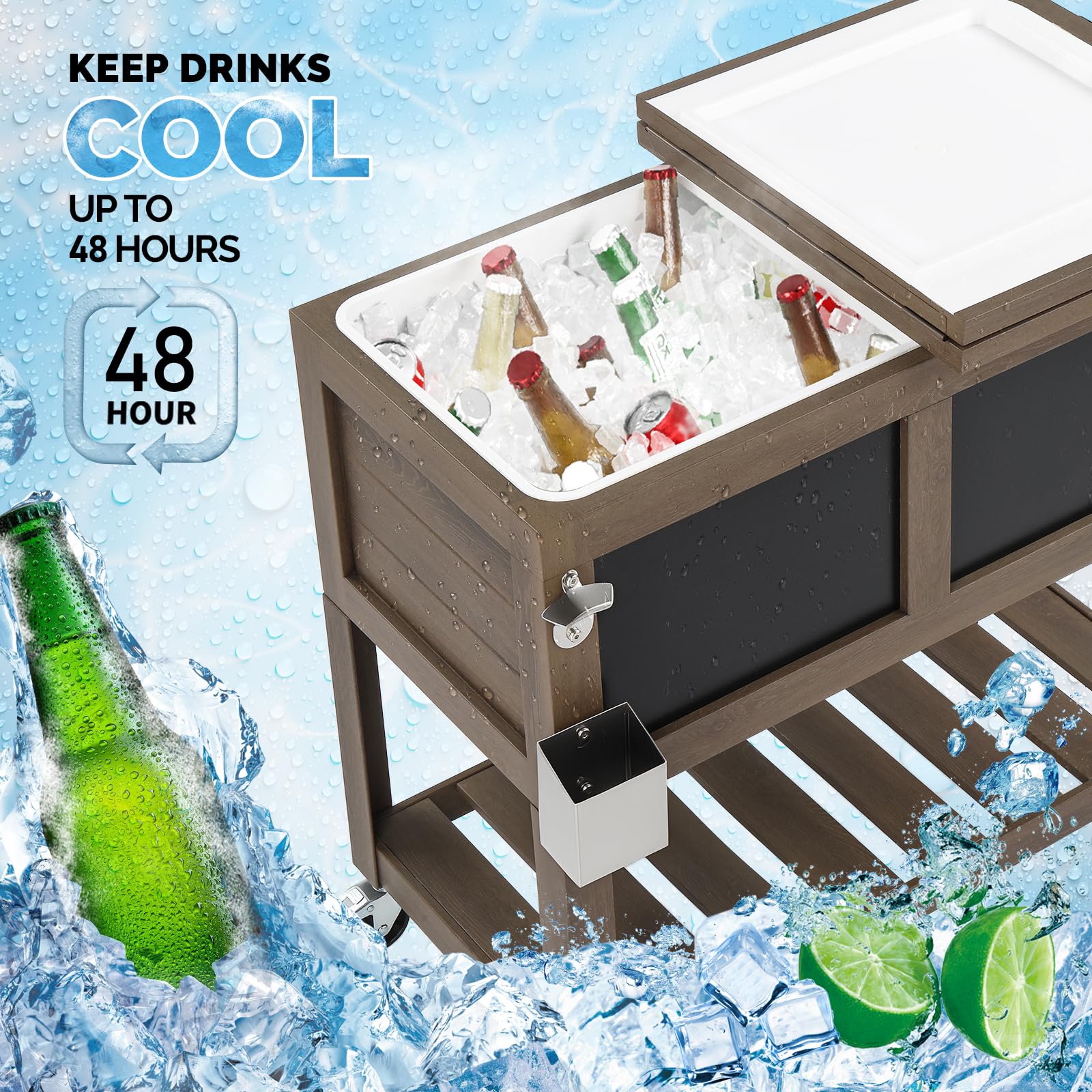 VINGLI Patio Cooler, Ice Chest with Blackboard, Bottle Opener Drainage, Outdoor Cooler for Party, Deck, Pool