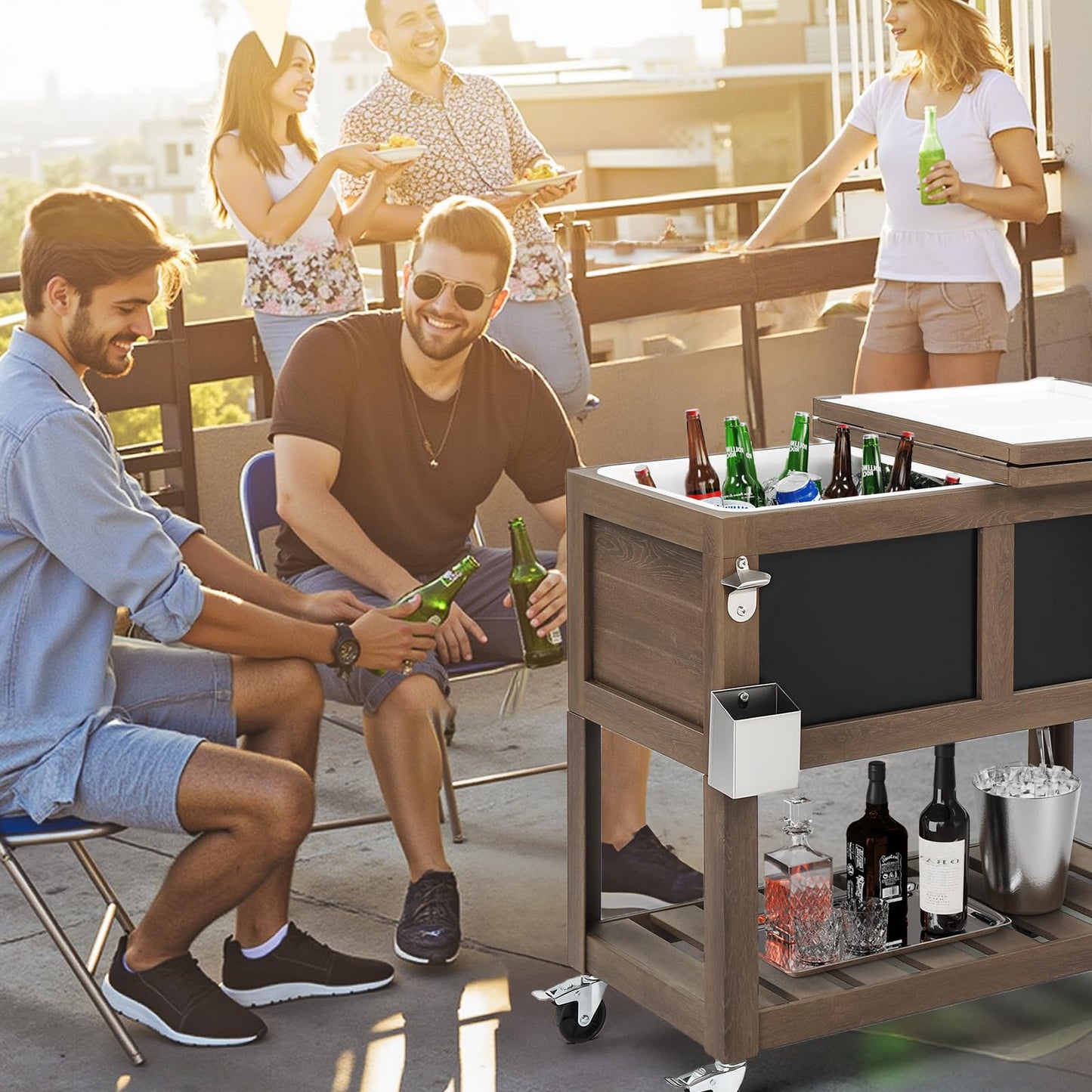 VINGLI Patio Cooler, Ice Chest with Blackboard, Bottle Opener Drainage, Outdoor Cooler for Party, Deck, Pool