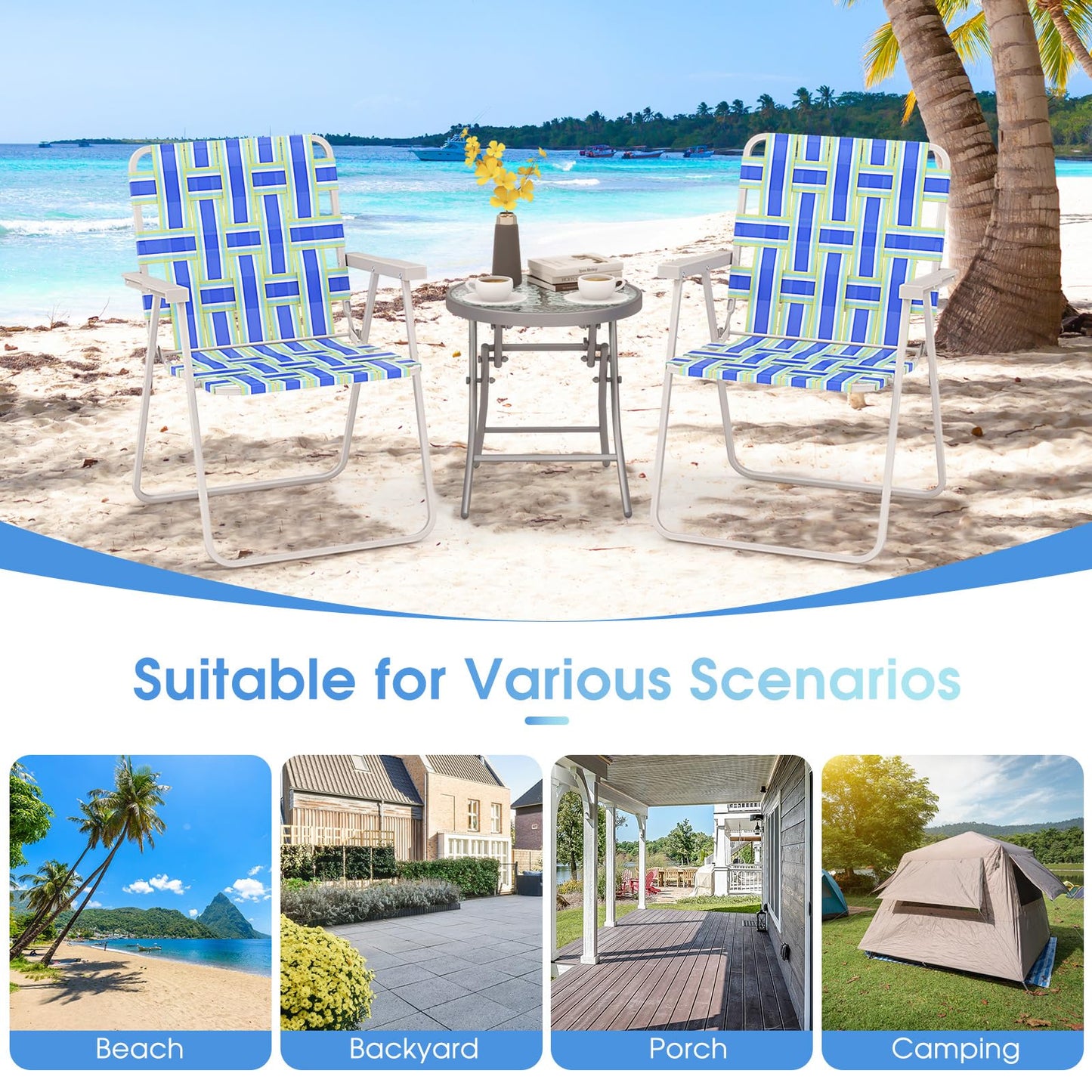 Giantex Beach Chairs for Adults 2-Pack - Camping Chair with Steel Frame, Lightweight Folding Directors Chair, Outdoor Webbing Chair for Patio, Fishing, Yard, Poolside Lawn Chairs Set