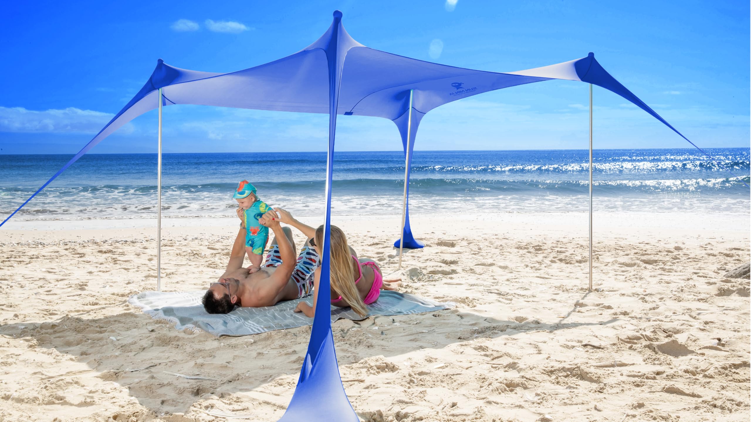SUN NINJA Beach Tent Sun Shelter UPF50+ - Easy Pop Up Beach Canopy - Outdoor Shade for Camping Trips, Fishing, Backyard Fun Picnics - Sand Shovel, Ground Pegs & Stability Poles