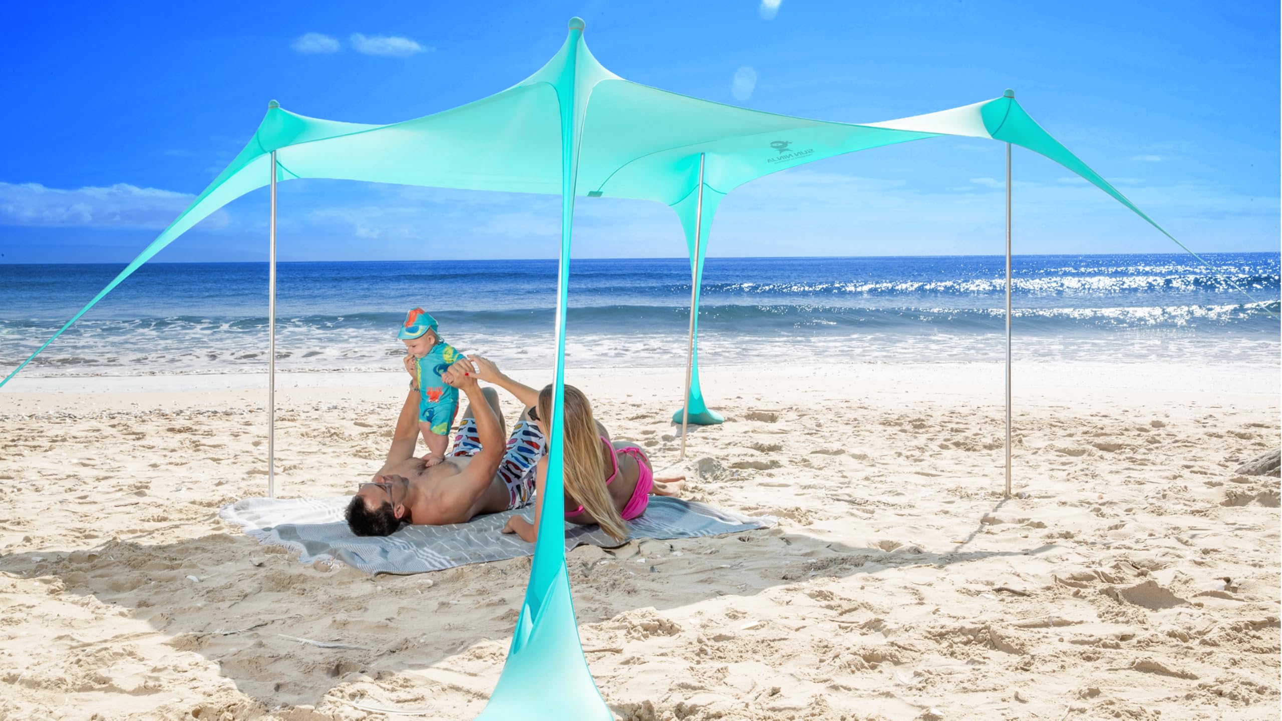 SUN NINJA Beach Tent Sun Shelter UPF50+ - Easy Pop Up Beach Canopy - Outdoor Shade for Camping Trips, Fishing, Backyard Fun Picnics - Sand Shovel, Ground Pegs & Stability Poles