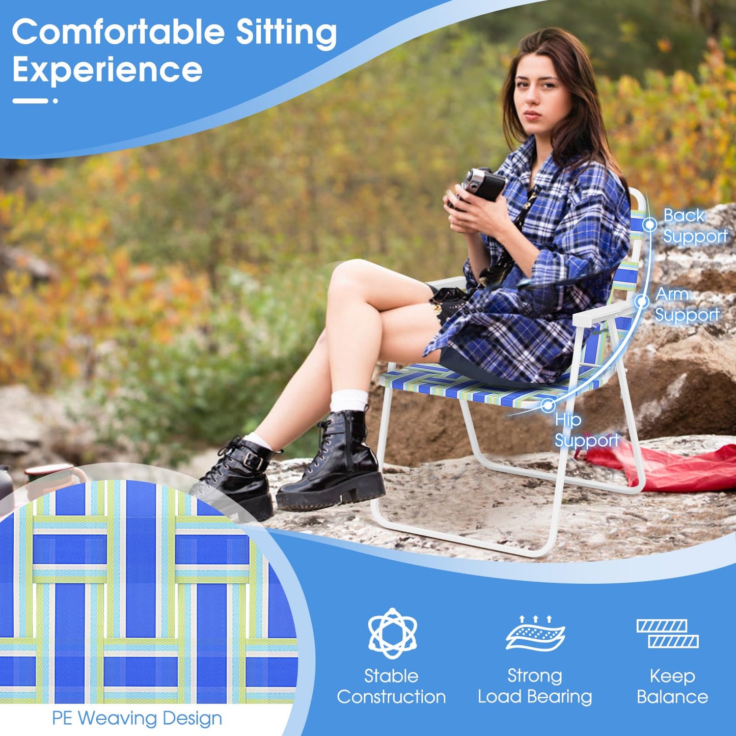 Giantex Beach Chairs for Adults 2-Pack - Camping Chair with Steel Frame, Lightweight Folding Directors Chair, Outdoor Webbing Chair for Patio, Fishing, Yard, Poolside Lawn Chairs Set