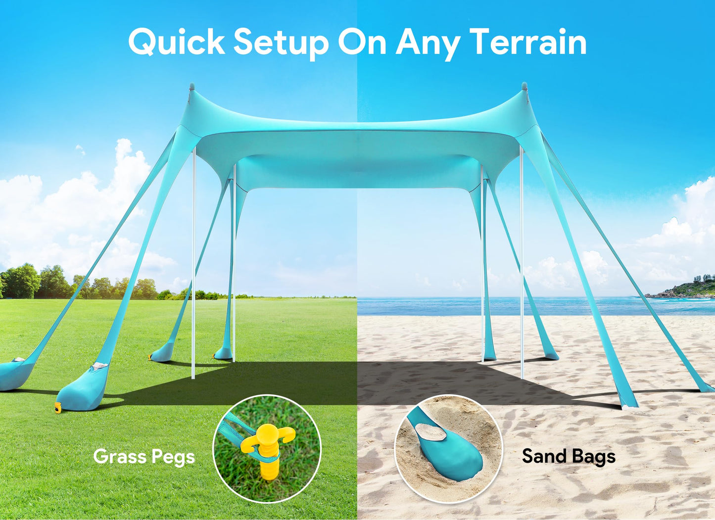 Osoeri Beach Tent, Camping Sun Shelter UPF50+ with 8 Sandbags, Sand Shovels, Ground Pegs & Stability Poles, Outdoor Shade Beach Canopy for Camping Trips, Fishing, Backyard Fun or Picnics