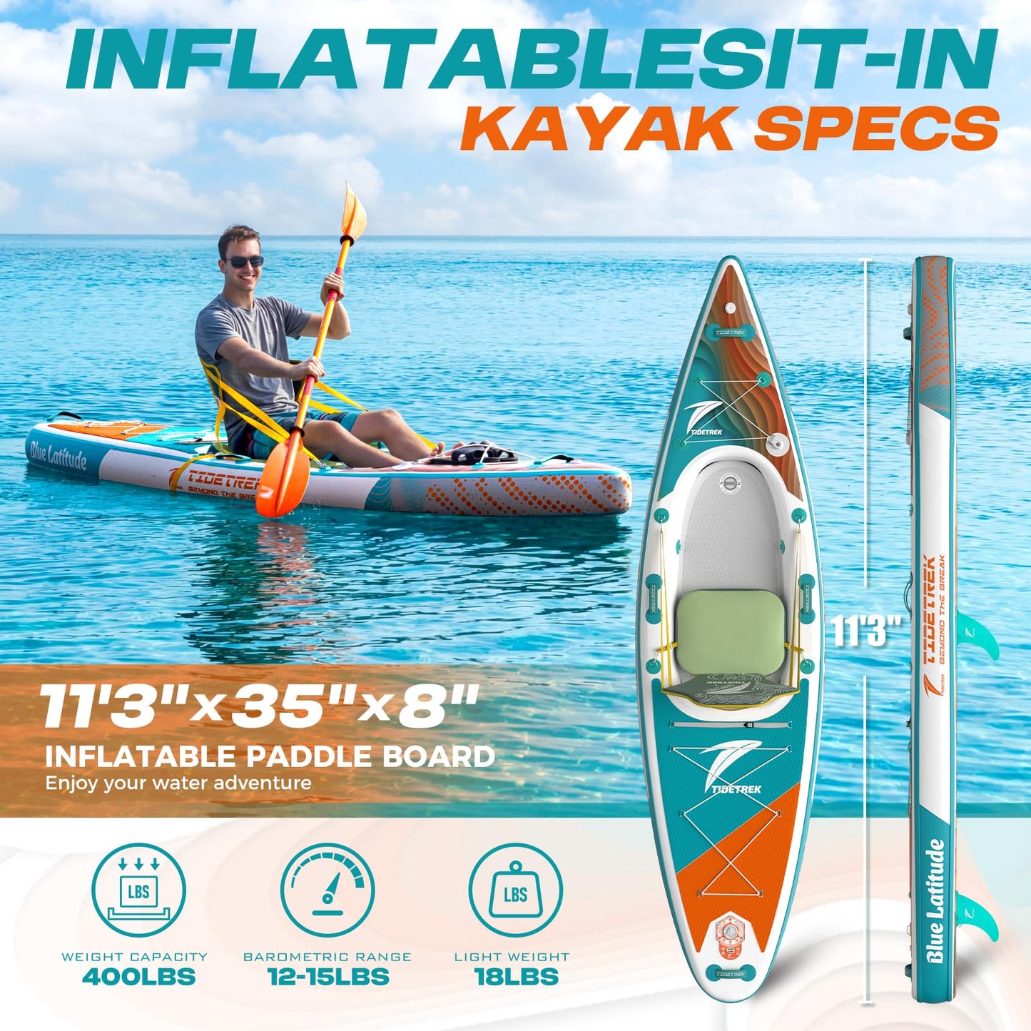 TIDETREK Inflatable Touring Kayak with Waterproof Seat & Premium Accessories, 11'3" x 35" x 8" Ultra-Stable SUP Kayak Hybrid, Non-Slip Comfort Deck for Adults & Youth