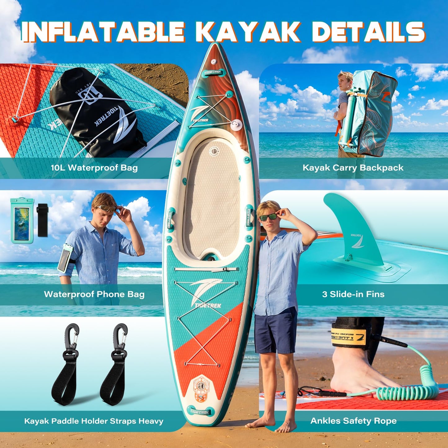 TIDETREK Inflatable Touring Kayak with Waterproof Seat & Premium Accessories, 11'3" x 35" x 8" Ultra-Stable SUP Kayak Hybrid, Non-Slip Comfort Deck for Adults & Youth