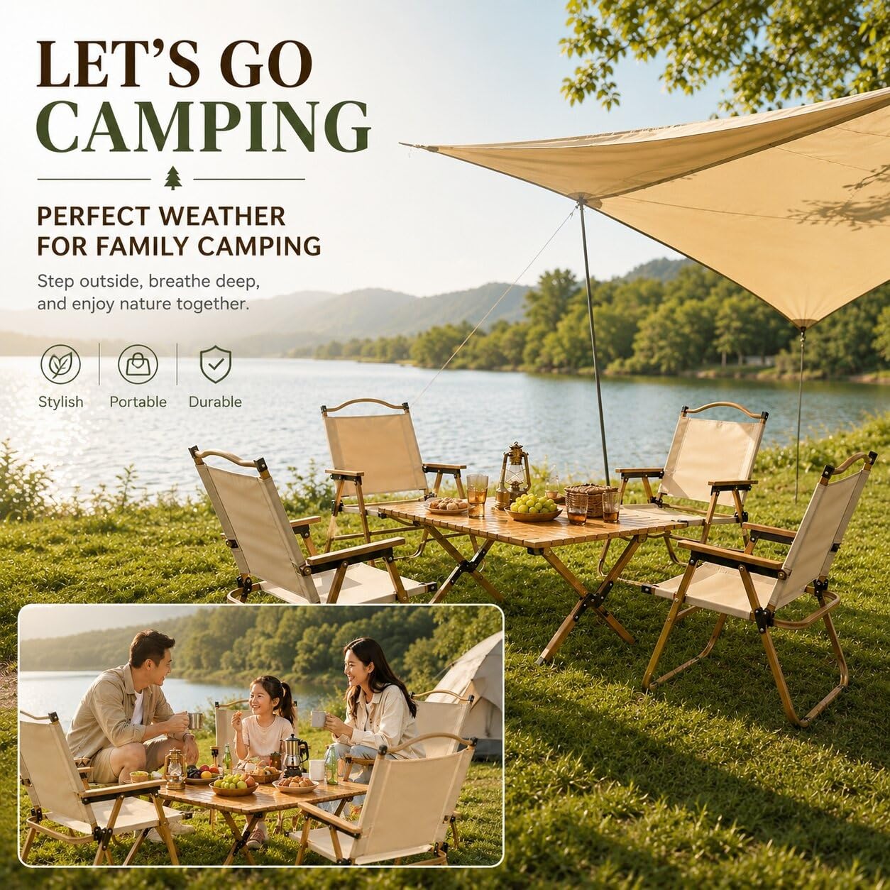 Portable Folding Camping Table Set with 4 Lightweight Chairs, Ideal for Outdoor Picnics, Family Beach Trips, RV Adventures, and Patio Use