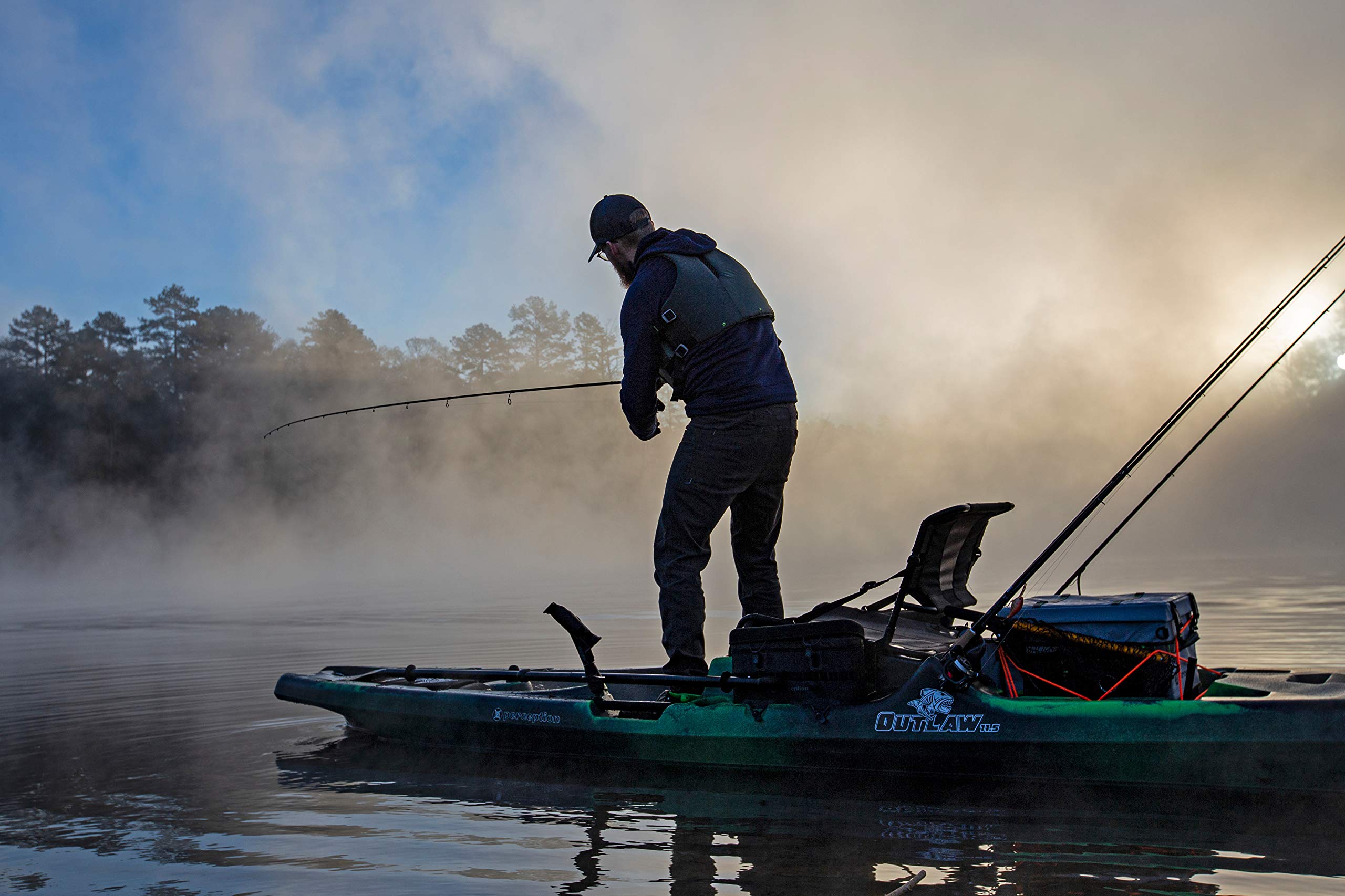 Perception Kayaks Outlaw 11.5 | Sit on Top Fishing Kayak | Fold Away Lawn Chair Seat | 4 Rod Holders | Integrated Tackle Trays | 11' 6"