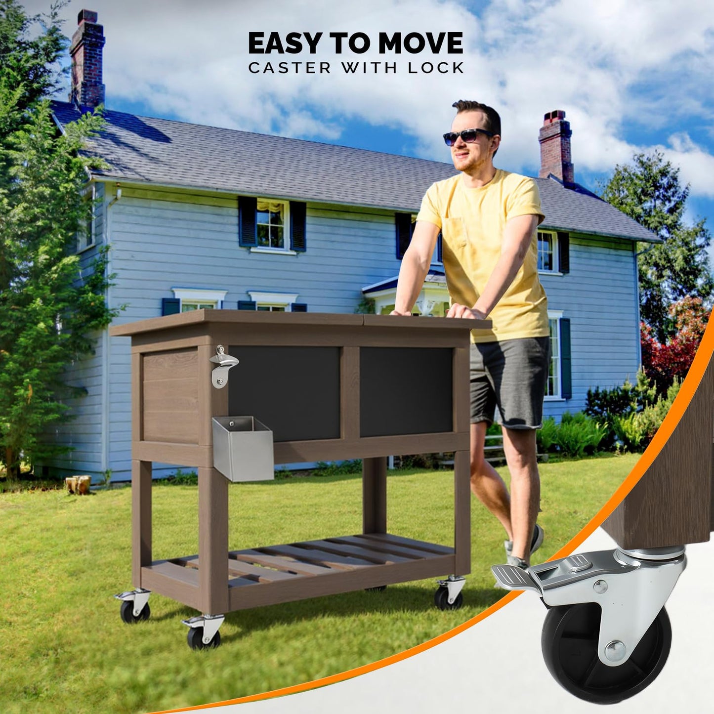VINGLI Patio Cooler, Ice Chest with Blackboard, Bottle Opener Drainage, Outdoor Cooler for Party, Deck, Pool