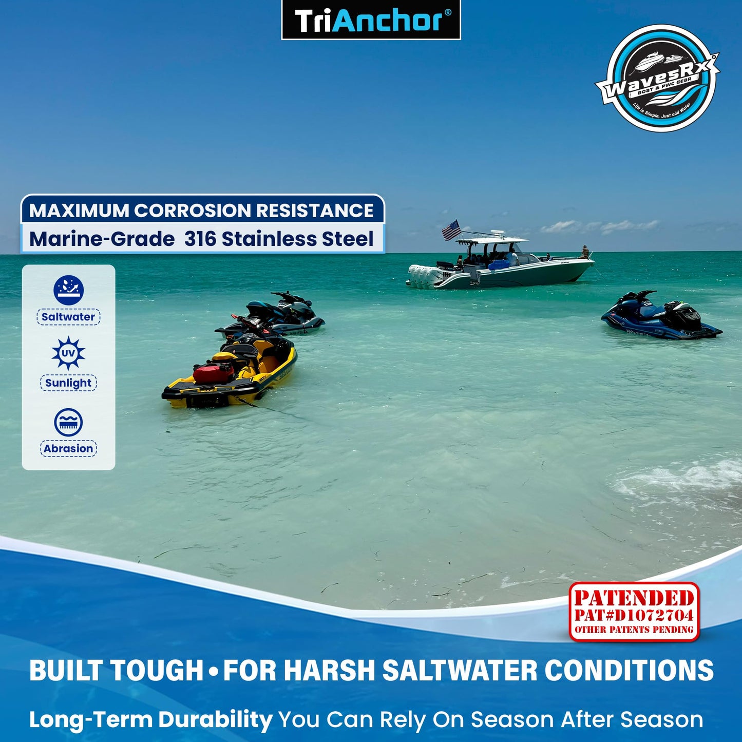 WAVESRX TriAnchor - Stainless Steel Folding PWC & Boat Anchor | Sets Instantly for Effortless Boat & Jet Ski Anchoring | Compact Patent-Pending Design Grips Better Than Plow, Fluke or Box Anchor