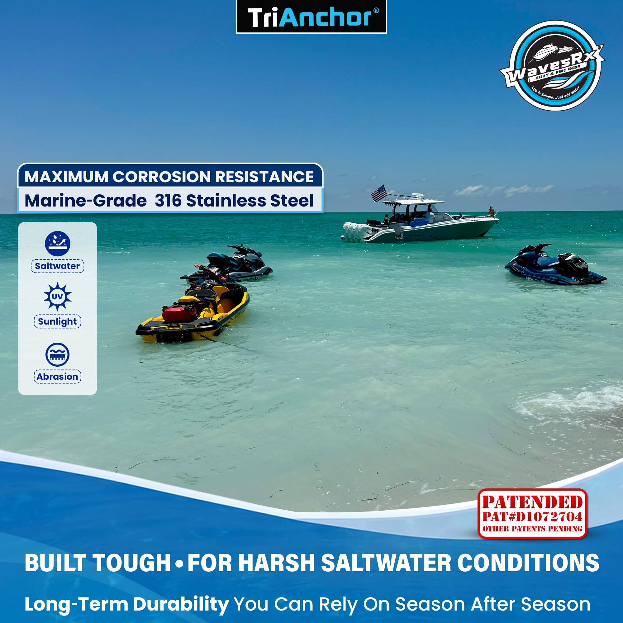 WAVESRX TriAnchor - Stainless Steel Folding PWC & Boat Anchor | Sets Instantly for Effortless Boat & Jet Ski Anchoring | Compact Patent-Pending Design Grips Better Than Plow, Fluke or Box Anchor