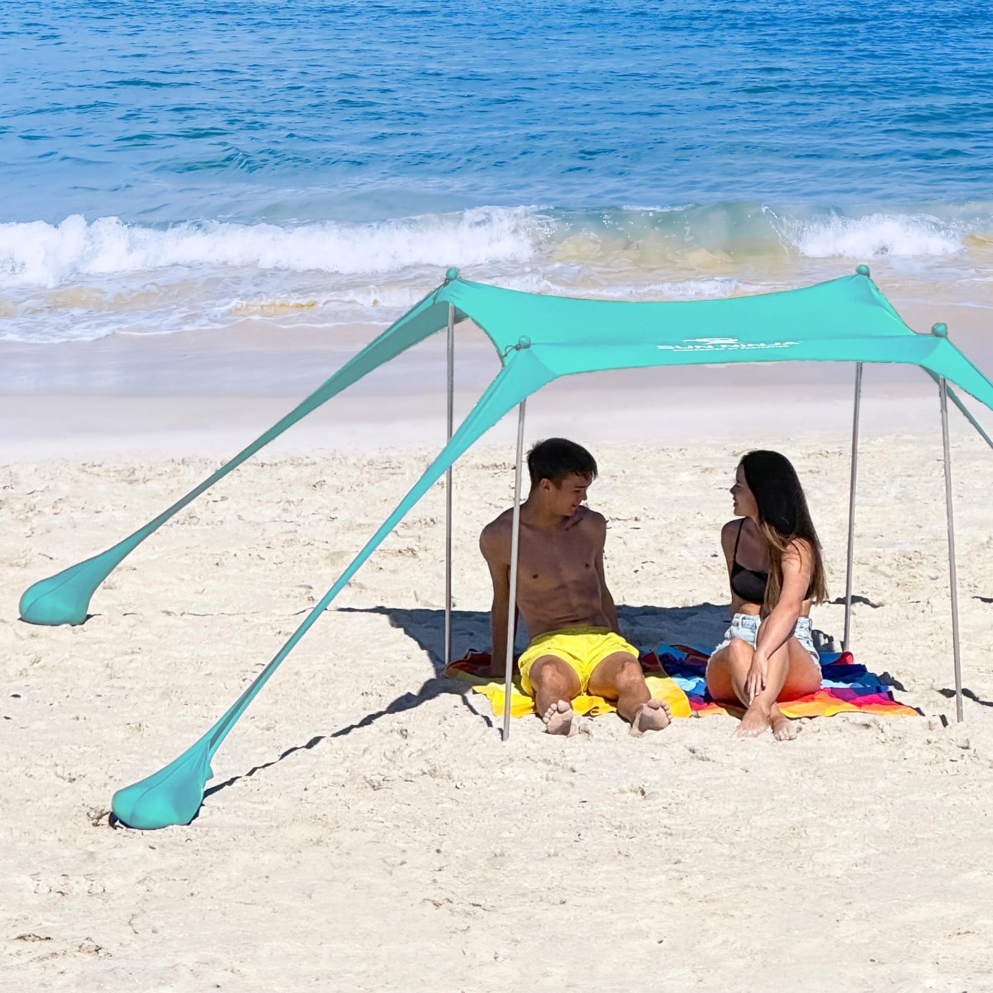 SUN NINJA Beach Tent Sun Shelter UPF50+ - Easy Pop Up Beach Canopy - Outdoor Shade for Camping Trips, Fishing, Backyard Fun Picnics - Sand Shovel, Ground Pegs & Stability Poles