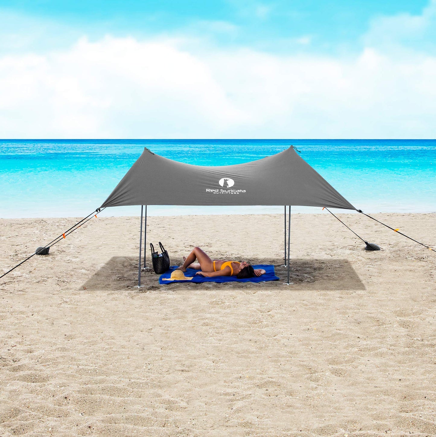 Red Suricata Family Beach Parasol - Sun Shade Canopy | UPF 50 UV Protection | Tent with 4 Aluminium Poles, 4 Pole Anchors, 4 Sandbag Anchors | Large & Portable Shelter Tarp