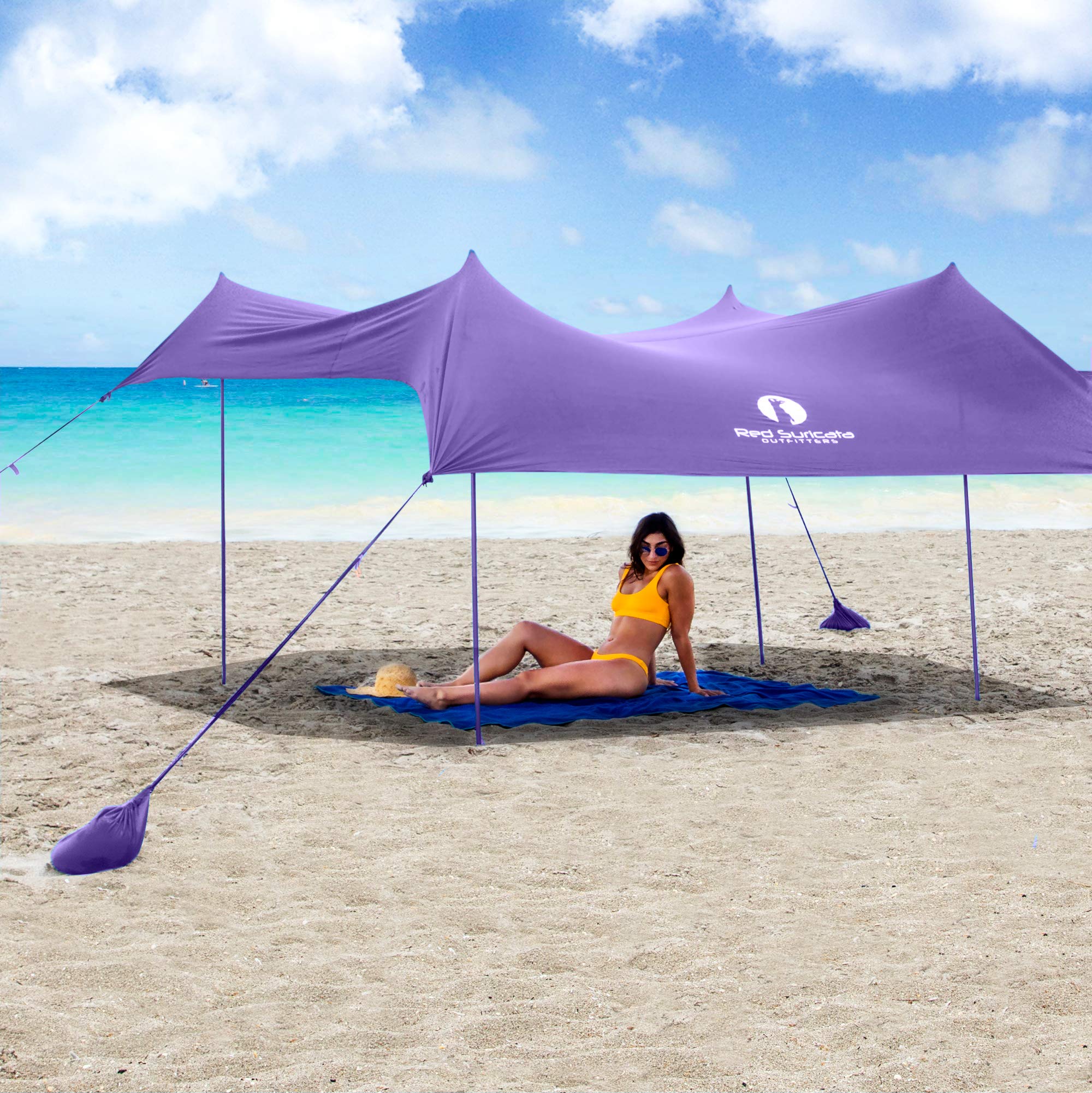 Red Suricata Family Beach Parasol - Sun Shade Canopy | UPF 50 UV Protection | Tent with 4 Aluminium Poles, 4 Pole Anchors, 4 Sandbag Anchors | Large & Portable Shelter Tarp