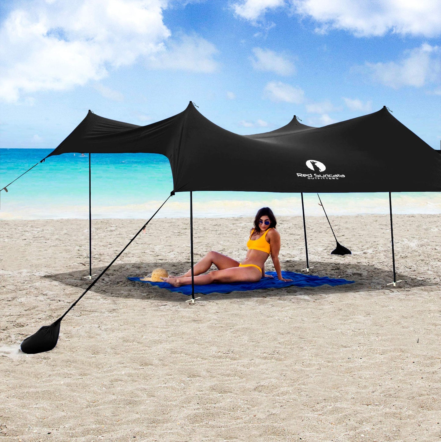 Red Suricata Family Beach Parasol - Sun Shade Canopy | UPF 50 UV Protection | Tent with 4 Aluminium Poles, 4 Pole Anchors, 4 Sandbag Anchors | Large & Portable Shelter Tarp