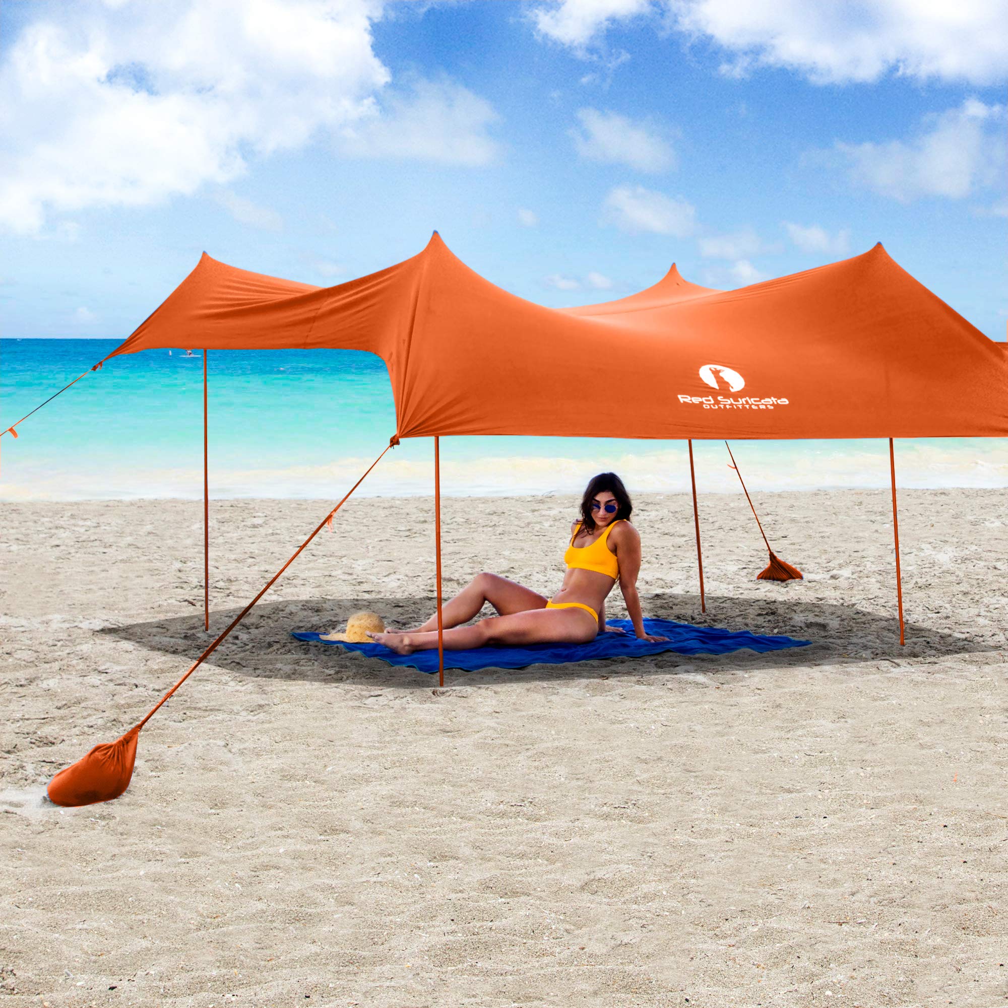 Red Suricata Family Beach Parasol - Sun Shade Canopy | UPF 50 UV Protection | Tent with 4 Aluminium Poles, 4 Pole Anchors, 4 Sandbag Anchors | Large & Portable Shelter Tarp