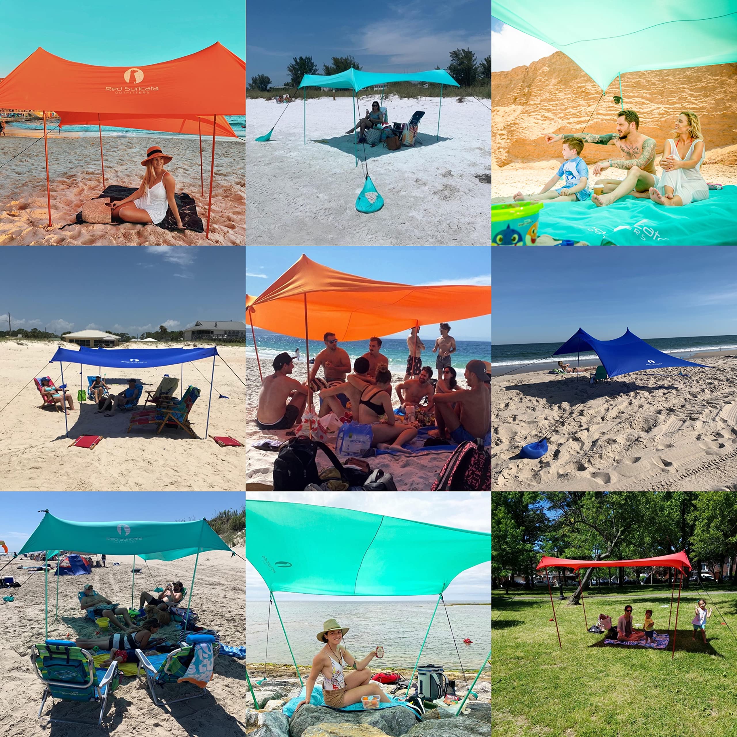 Red Suricata Family Beach Parasol - Sun Shade Canopy | UPF 50 UV Protection | Tent with 4 Aluminium Poles, 4 Pole Anchors, 4 Sandbag Anchors | Large & Portable Shelter Tarp